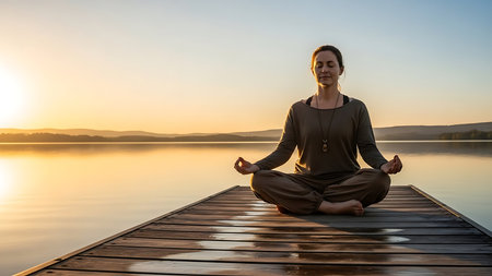 Woman practicing yoga on a pier by the lake at sunrise. Yoga conceptの素材