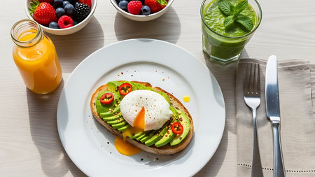 Healthy breakfast with poached egg, avocado, berries and juiceの素材