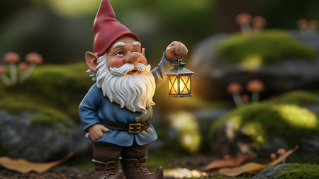 Garden gnome with a lantern in his hand. 3d rendering.の素材