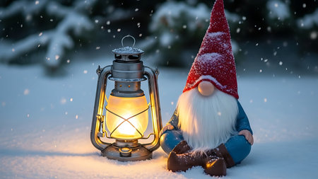 Christmas gnome with a lantern in the snow. Christmas background.の素材