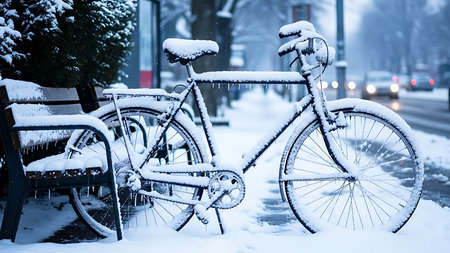Bicycles covered with snow in the city during a snowfallの素材