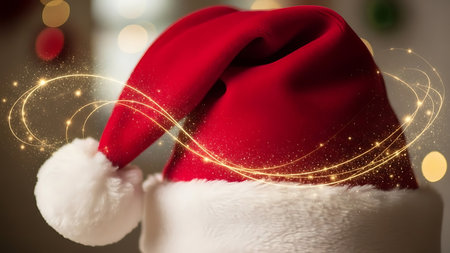 Santa Claus hat on bokeh background, Christmas and New Year conceptの素材