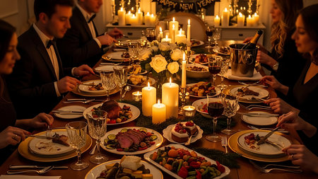 Group of people having christmas dinner in restaurant. Focus on foregroundの素材