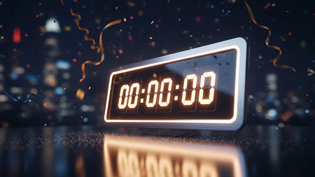 Digital alarm clock against night cityscape and confetti 3D renderingの素材