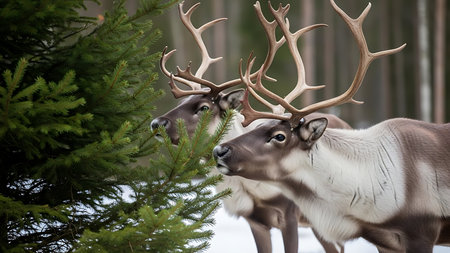 Reindeer in the winter forest. Wild animals in the nature.の素材