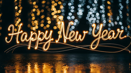 Happy New Year greeting card with glowing lights on bokeh backgroundの素材