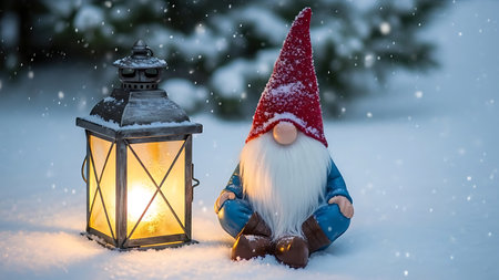 Lantern in the snow with gnome. Christmas background.の素材