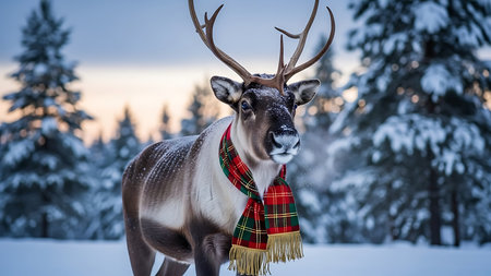 Reindeer with scarf in winter forest, Lapland, Finlandの素材