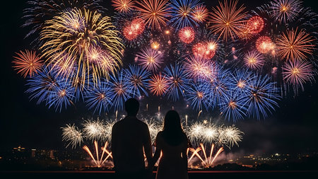 Silhouette of a couple looking at fireworks in the night skyの素材