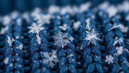 Snowflakes on a blue knitted background close-up.の素材