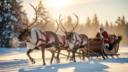 santa claus and reindeer sleigh in winter forestの素材