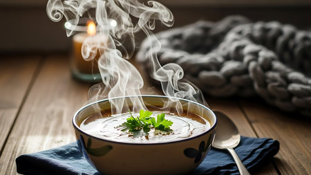 Cream soup with parsley in a bowl on a wooden backgroundの素材