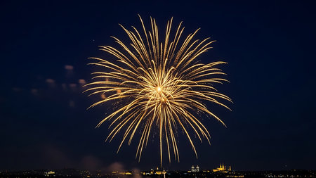 Colorful fireworks of various colors over the cityscape at night.の素材