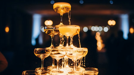 Pouring white wine in glass goblets at night party.の素材