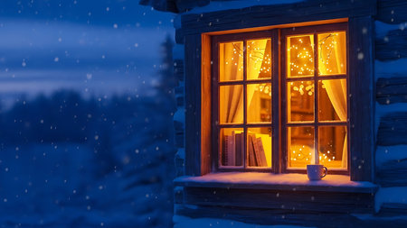 Christmas and New Year background. Wooden house with windows, lights and snowfall.の素材