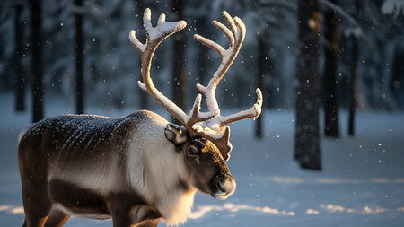 Reindeer in the snow in winter forest. Christmas background.の素材