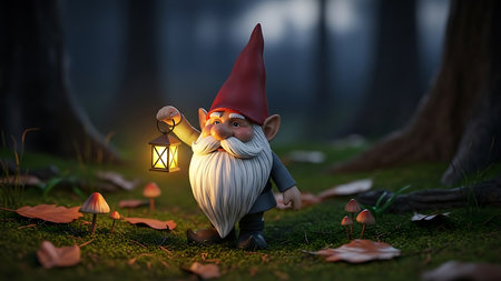 Garden gnome with lantern in the forest. 3D rendering.の素材