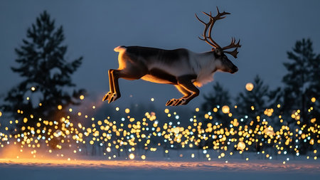 3d render of reindeer jumping in winter forest with lightsの素材