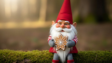 Garden gnome with gingerbread in the forest. Christmas concept.の素材