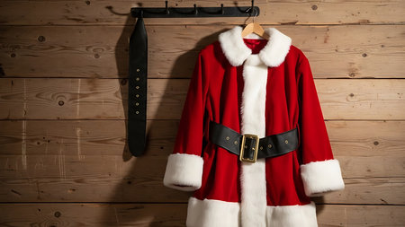 santa claus clothes hanging on a hanger against a wooden wallの素材