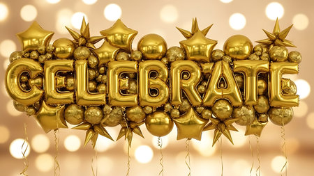 Golden Christmas Balloons with word Celebrate on bokeh backgroundの素材
