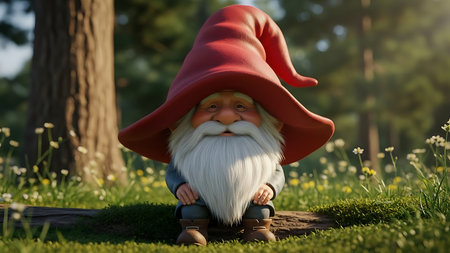 Garden gnome with red hat sitting on green grass in parkの素材