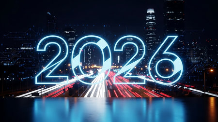 New year 2016 glowing neon numbers on city background. 3D Renderingの素材