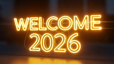 Welcome 2016 glowing neon sign on dark background. 3D rendering.の素材