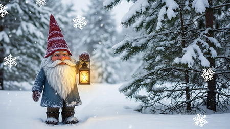 santa claus with lantern in the winter forest. Christmas greeting cardの素材