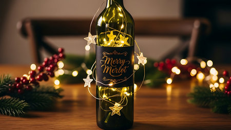 Christmas and New Year greeting card with a bottle of champagne and lightsの素材