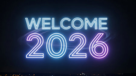 Welcome 2016 glowing neon sign on night city background. 3D Renderingの素材