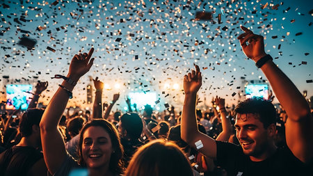 Crowd cheering at a music festival - Happy people having fun at a music festivalの素材