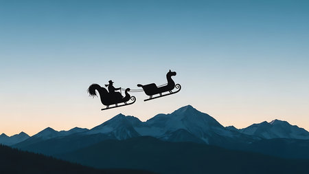 Silhouette of Santa Claus in sleigh with reindeerの素材
