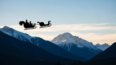 Silhouette of Santa Claus in sleigh against snowy mountains backgroundの素材