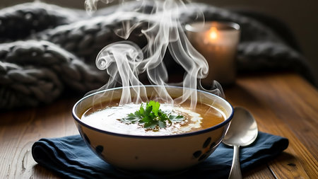 A bowl of soup with parsley on a dark wooden background.の素材