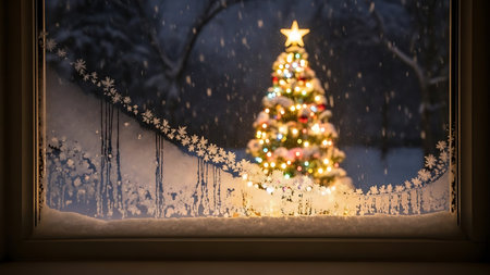 Christmas tree on the windowsill in the winter with snowflakesの素材