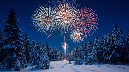 Beautiful fireworks in the winter forest. Colorful fireworks in the night sky.の素材