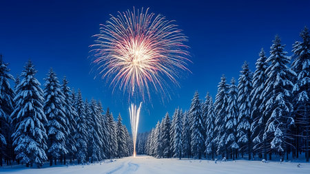 Fireworks in the winter forest. Christmas and New Year background.の素材