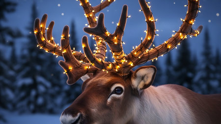 3D rendering of a reindeer with Christmas lights in the backgroundの素材