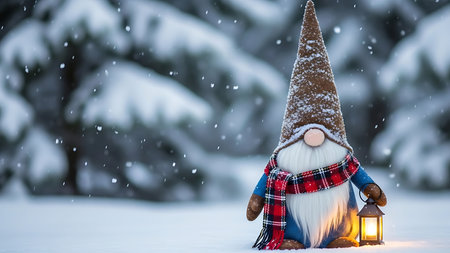 Garden gnome with lantern in snowy forest. Christmas and New Year concept.の素材