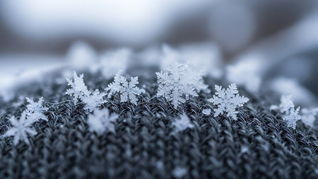 Snowflakes on knitted sweater. Winter background. Selective focus.の素材