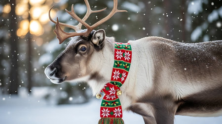 Reindeer with Christmas ornaments in snowy forest. Christmas background.の素材
