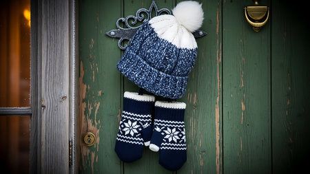Woolen socks and knitted hat on a green wooden doorの素材