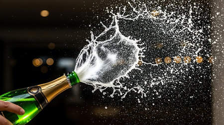 Close up of champagne bottle splashing out of bottle with bokeh backgroundの素材