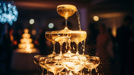 Pyramid of glasses of champagne on the background of a Christmas treeの素材