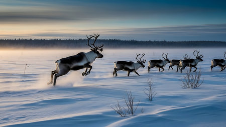 Reindeer running in the snow. Winter landscape. Finland.の素材