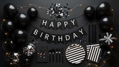 Black Friday Sale banner with black balloons, confetti, gift boxes and ribbons. 3D Renderingの素材