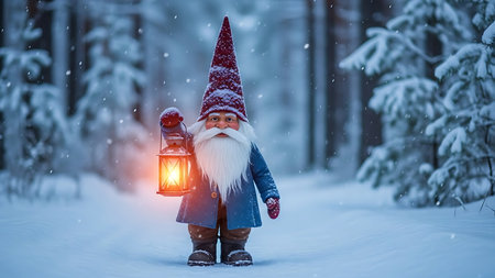Little boy with a lantern in the winter forest. Christmas concept.の素材