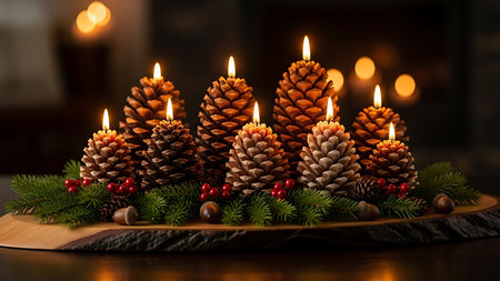 Christmas decoration with burning candles and fir branches on wooden board, closeupの素材
