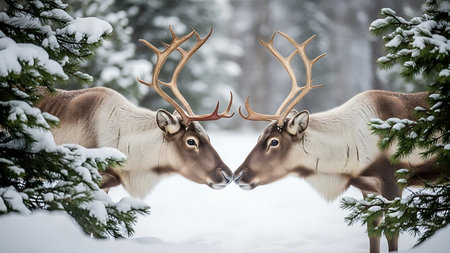 Two reindeers in winter forest. Wildlife scene from Finland.の素材